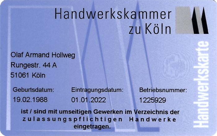 Handwerkskarte Schornsteinfegermeister Hollweg